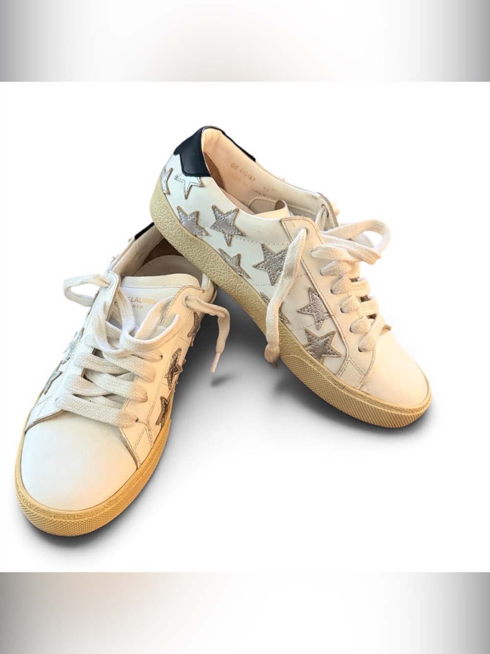 Yves Saint Laurent White Leather Sneakers with Silver Glitter Stars 37 / 7